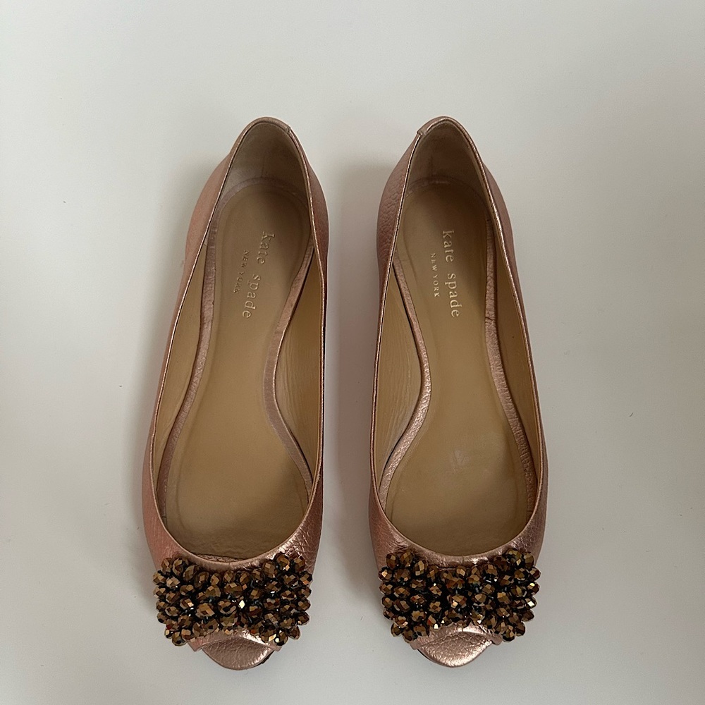 Kate Spade Fierce Rose Gold Metallic Peep Toe Flats with Beaded Embellishment